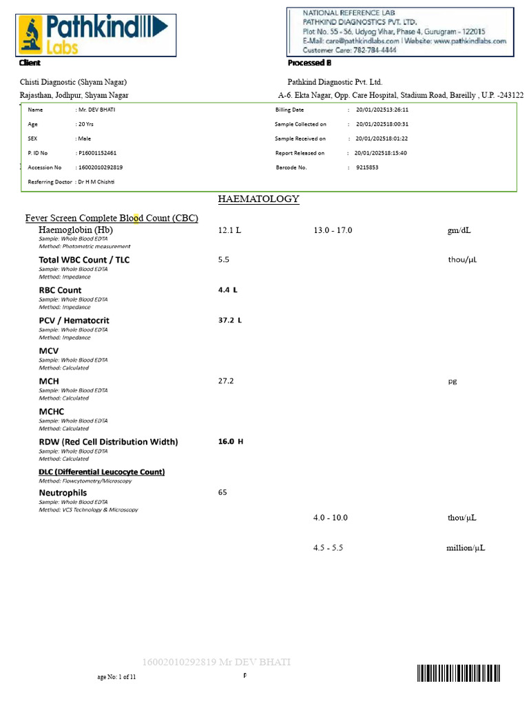 Pathkind Dev Bhati Malaria Blood Report | PDF | Clinical Medicine ...