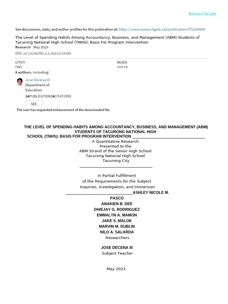 Spending Habits of ABM Students at TNHS | PDF | Methodology | Survey ...