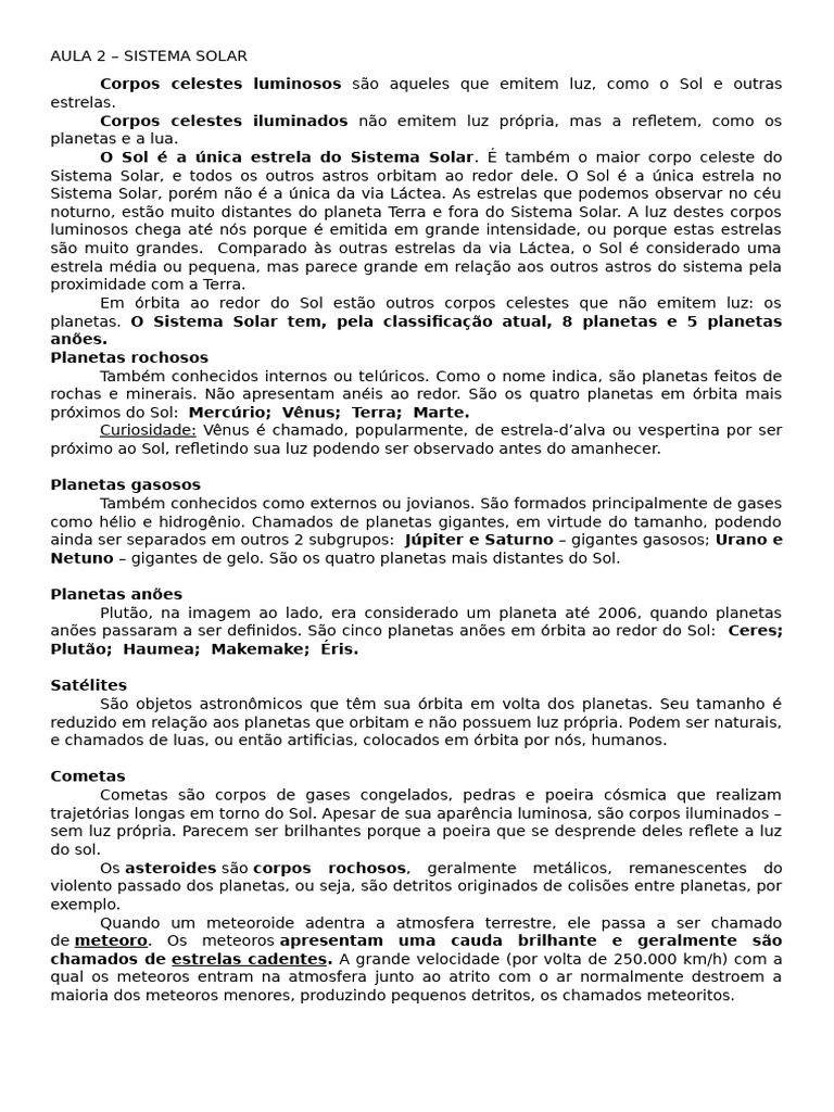 AULA 2 Sistema Solar | PDF | Planetas | Sistema Solar