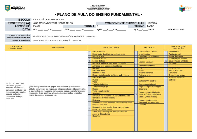 Plano de Aula: História 3º Ano | PDF | Pedagogia | Aprendizado