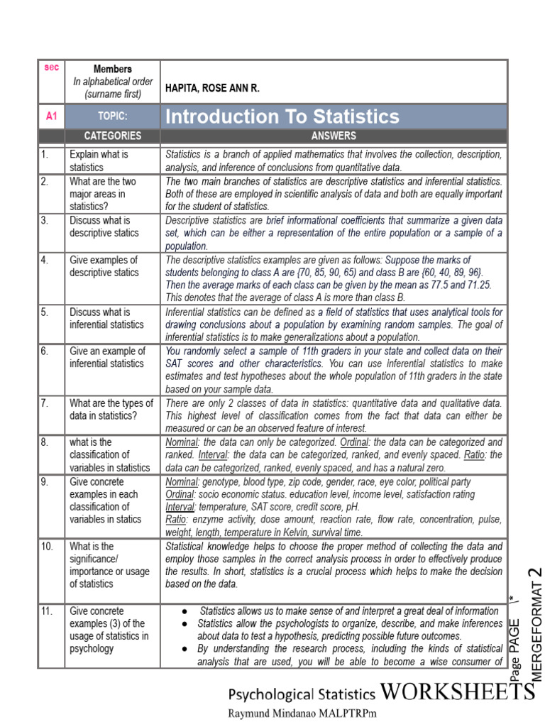 Worksheet Statistics | PDF | Statistics | Sampling (Statistics)