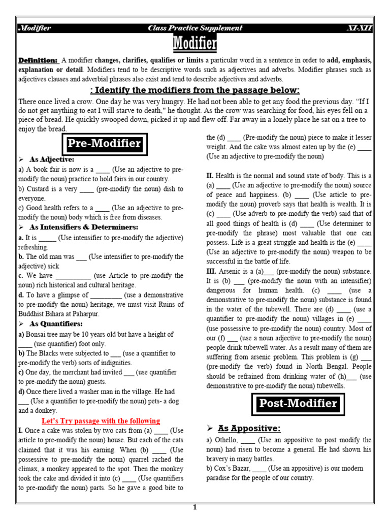 Pre Modifier | PDF | Adjective | Verb