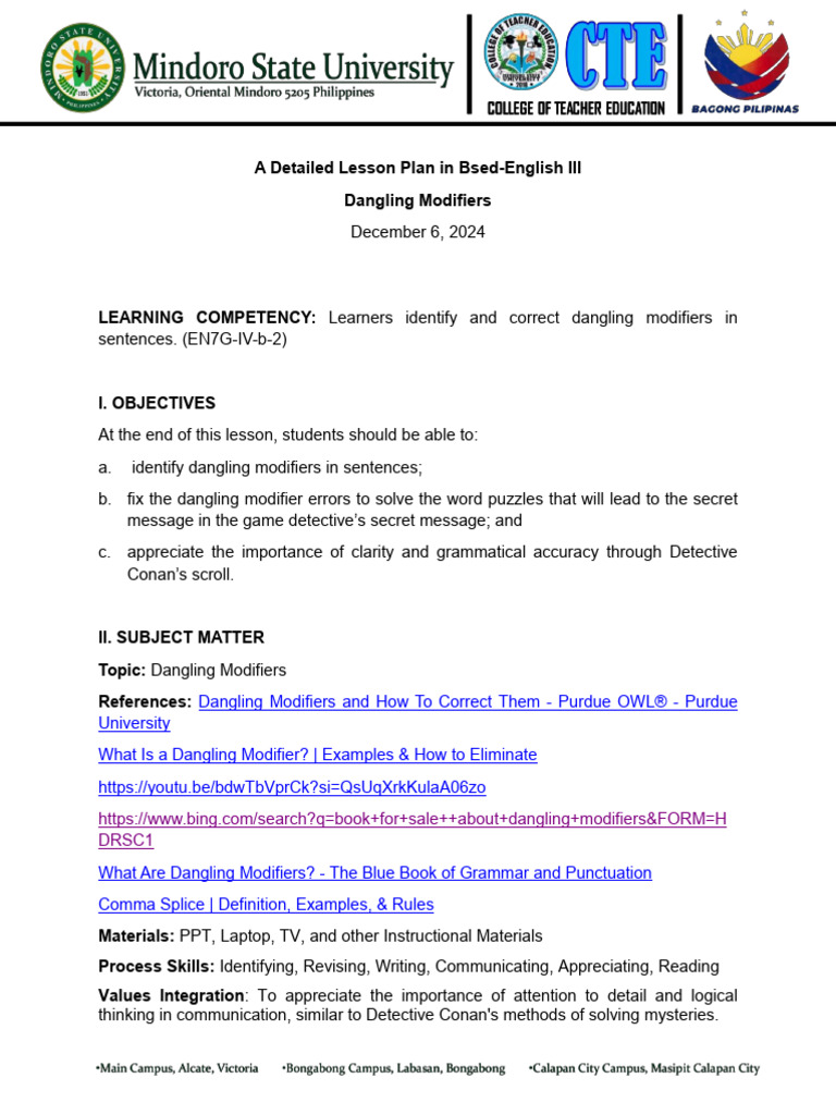 Lesson Plan Correcting Dangling Modifiers Pdf Subject Grammar