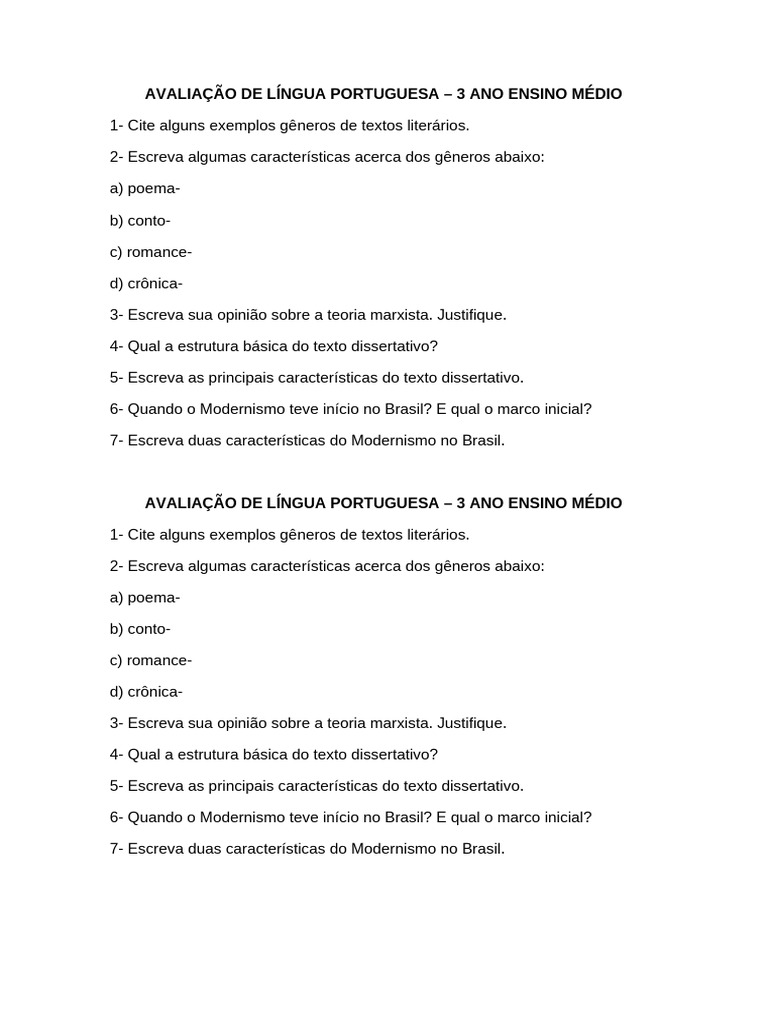 Avaliação de Língua Portuguesa 3º Ano | PDF
