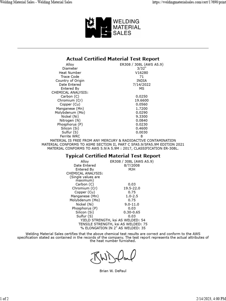 Certified Test Report for ER308L Alloy | PDF | Manganese | Alloy