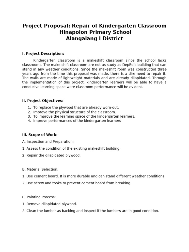 Kindergarten Classroom Repair Proposal | PDF | Quality Assurance ...