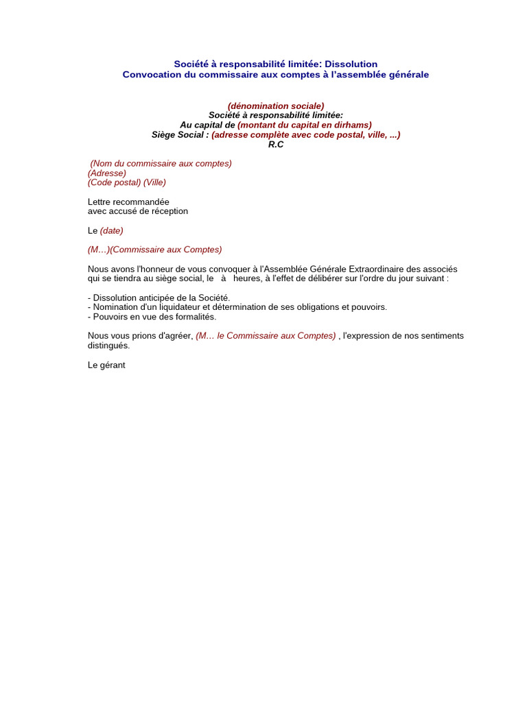 Convocation AG pour dissolution SARL | PDF