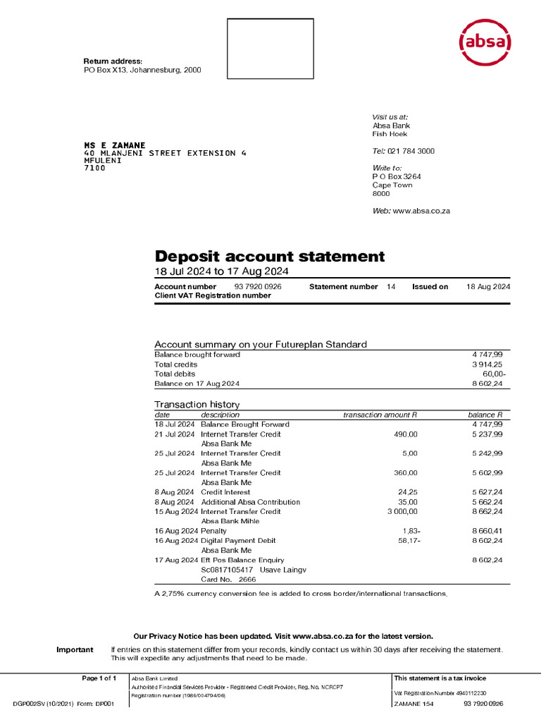 Absa Bank Account Statement Aug 2024 | PDF | Banks | Banking Technology
