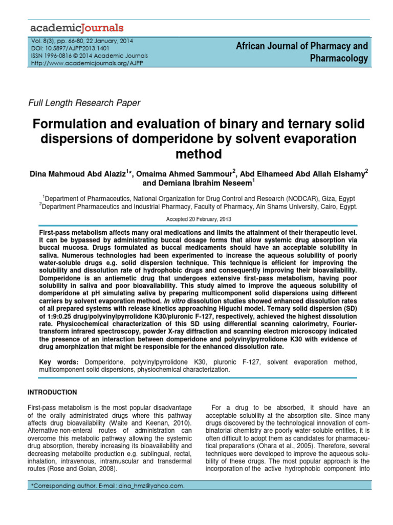 Enhancing Domperidone Solubility via Solid Dispersions | PDF ...