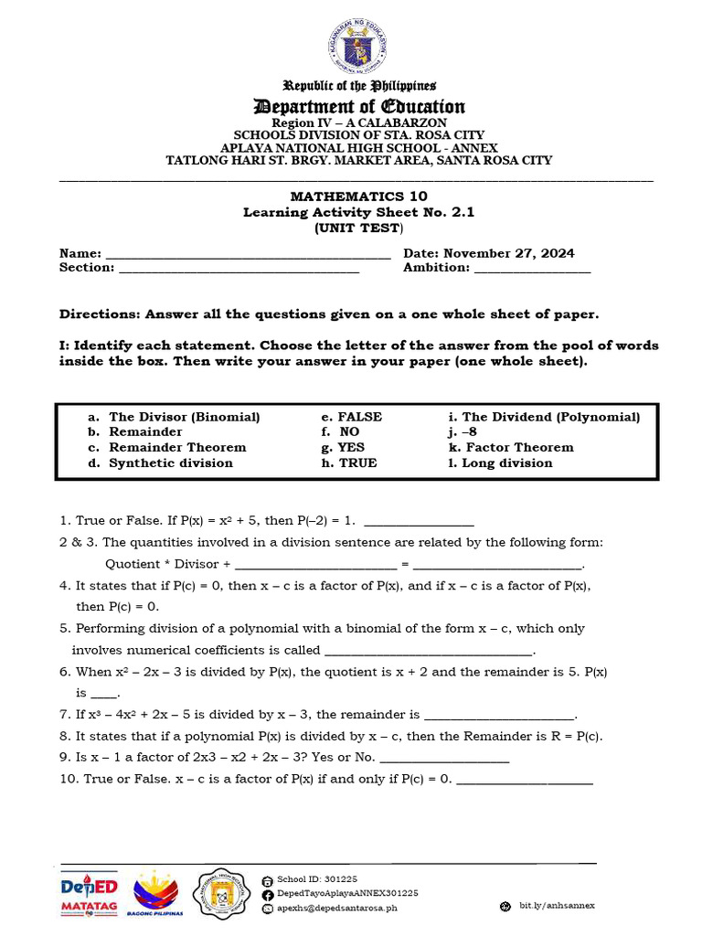 2024-Math10-Learning-Activity-Sheet-No.-2.1 | PDF | Factorization ...