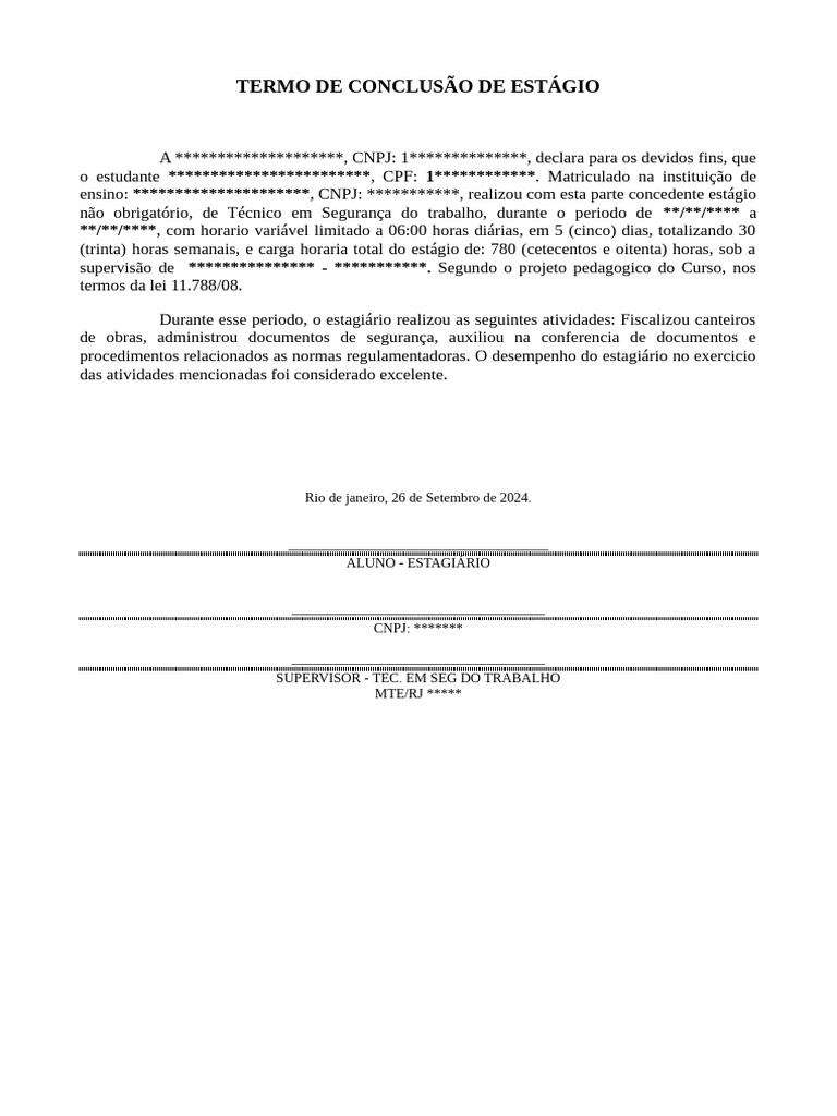 Termo de Conclusão de Estágio em SST | PDF