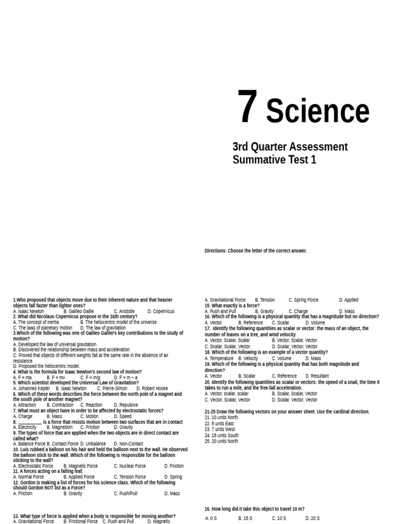 3rd Summative Test 1 | PDF | Force | Velocity