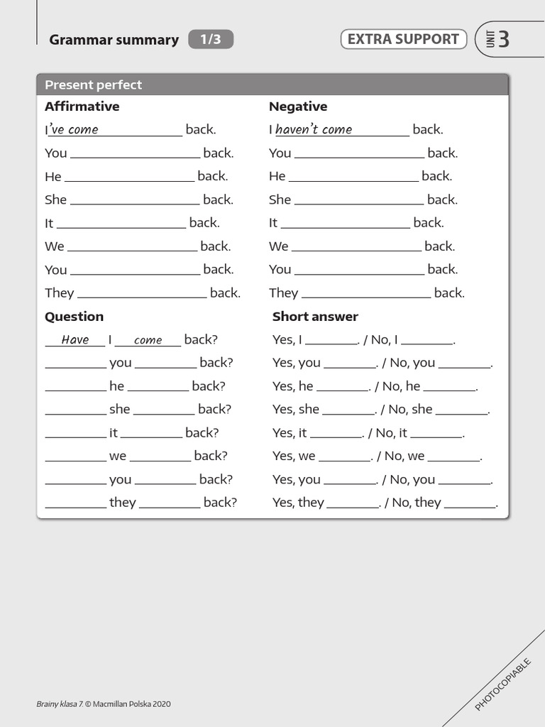 Brainy 7 Unit 3 Grammar Summary | PDF