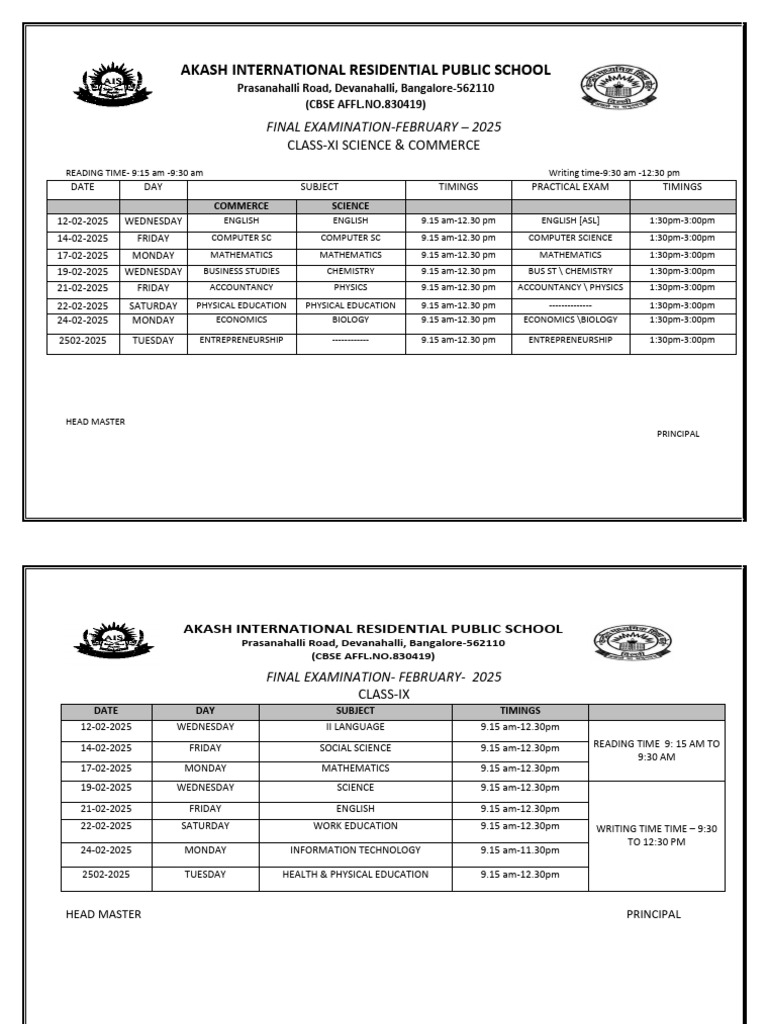 Class XI & IX Final Exam Schedule 2025 | PDF | Educational Stages ...
