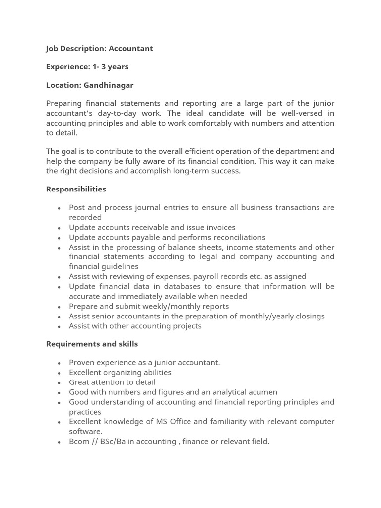 Junior Accountant Job in Gandhinagar | PDF