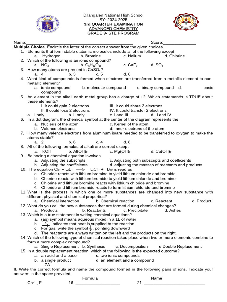 2nd TQ-ADVANCED CHEM | PDF | Chemical Compounds | Chemical Reactions