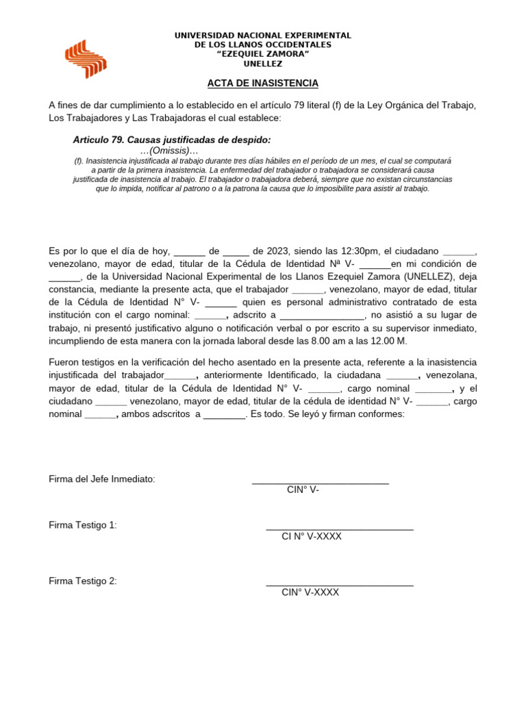 Acta de Inasistencia Laboral UNELLEZ | PDF
