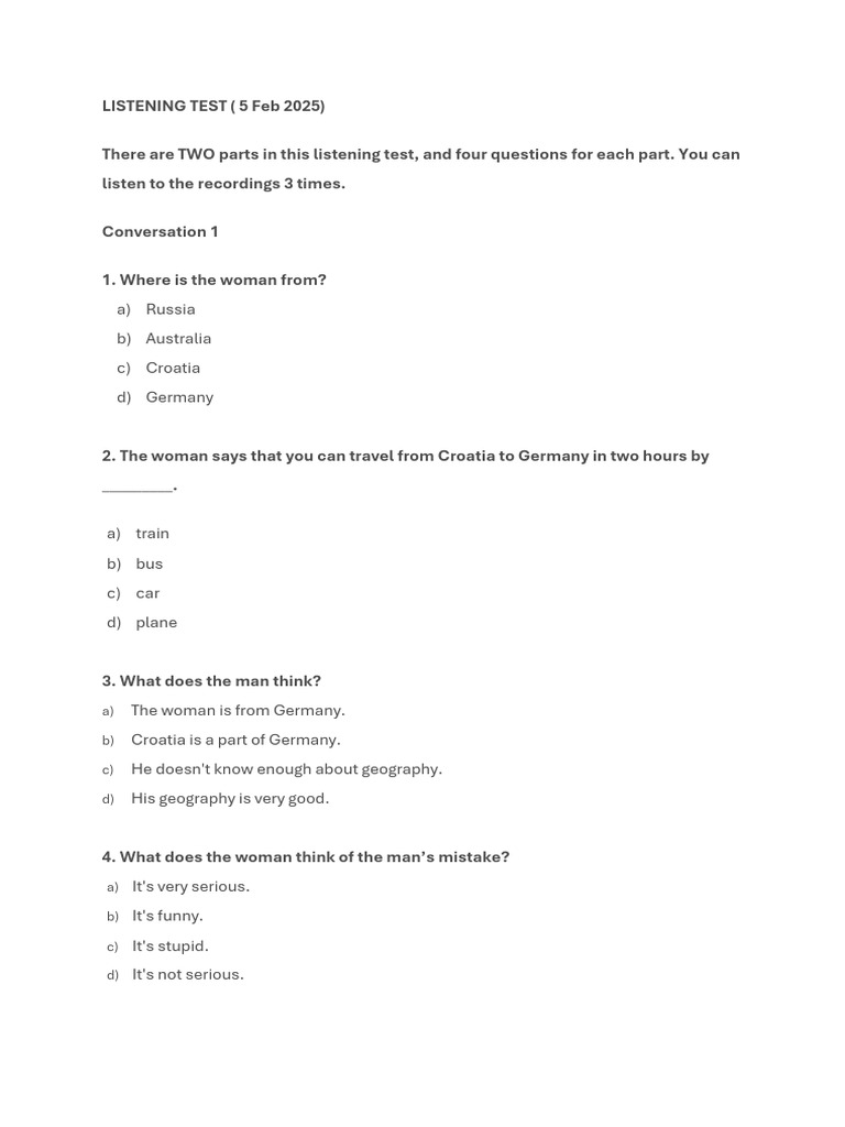 LISTENING TEST 5 Feb 2025 | PDF