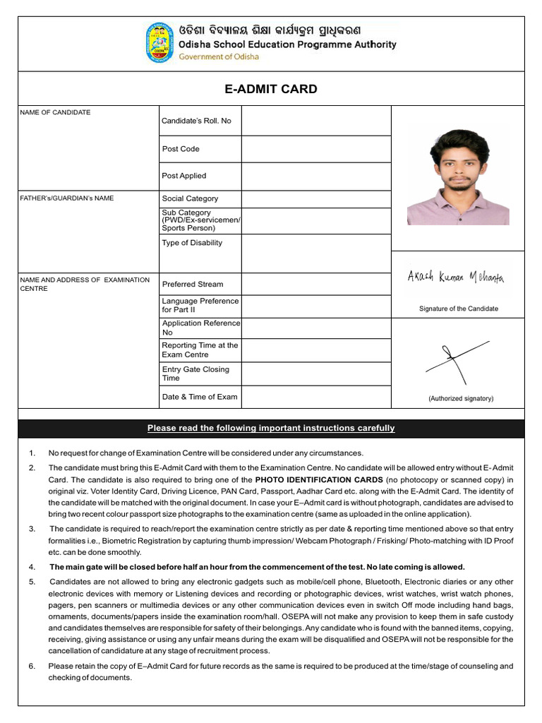 E-Admit Card Instructions for Exam | PDF | Identity Document