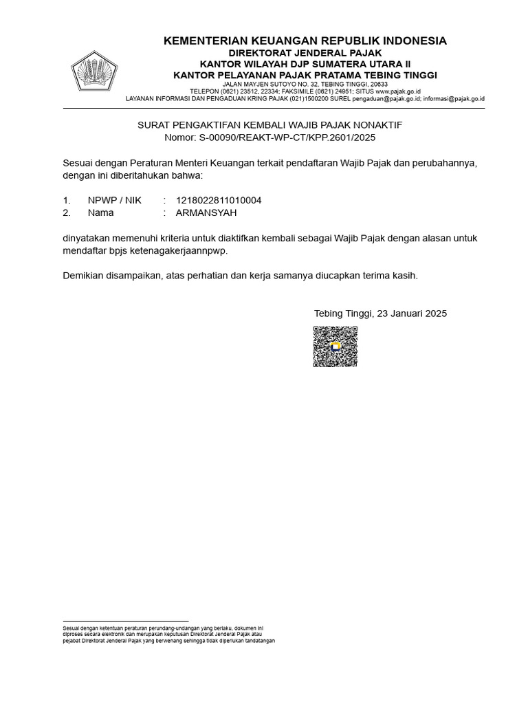 Surat Pengaktifan Wajib Pajak Nonaktif | PDF