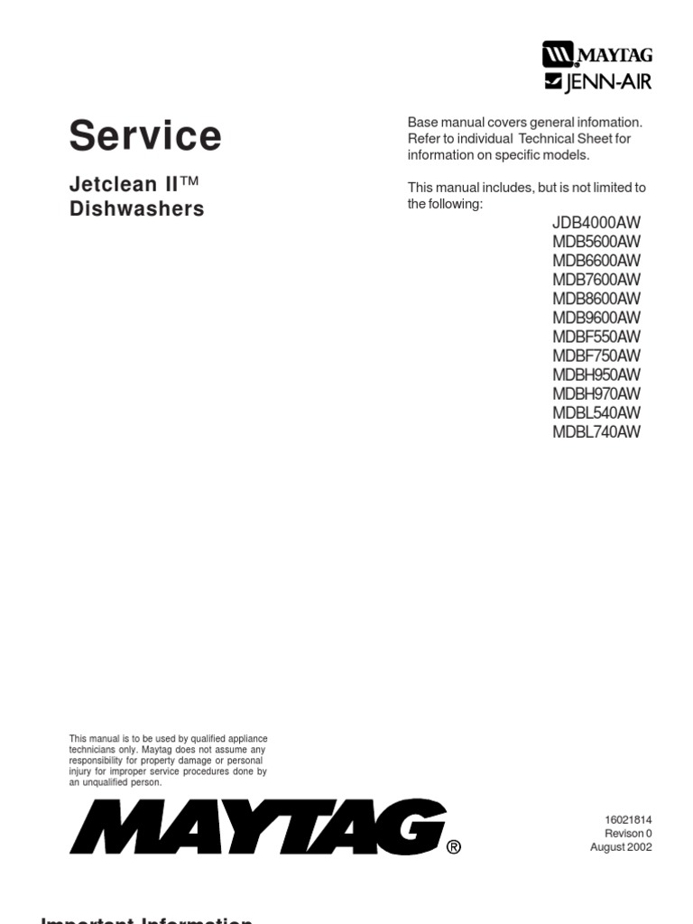 Maytag Jetclean II Dishwashers Service Manual Download Free PDF