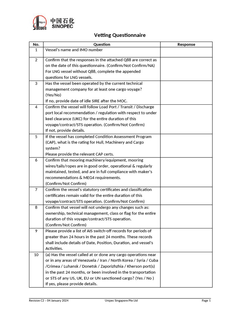 Vetting Questionnaire for Vessel Compliance | PDF | Office Of Foreign ...