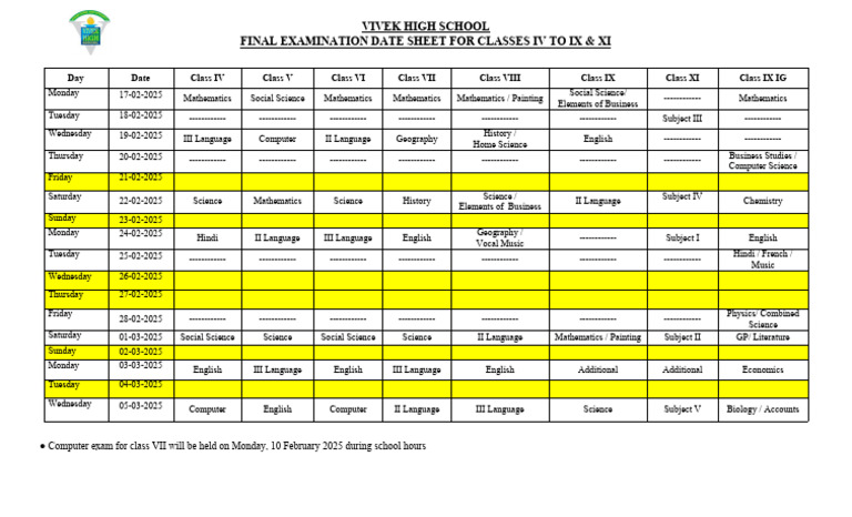Final Examination Datesheet Class IV To IX & XI | PDF | Science ...