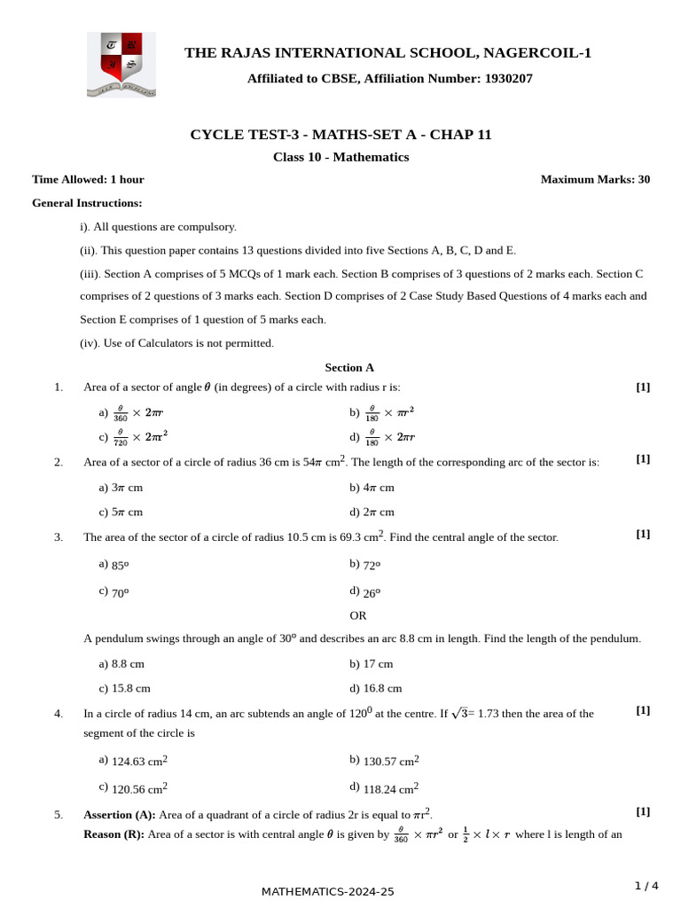 Cycle Test - 8 - Maths-Set-A - Chap-11 | PDF | Area | Circle