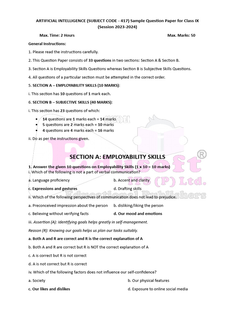 Class IX AI Sample Question Paper 2023 | PDF | Artificial Intelligence ...