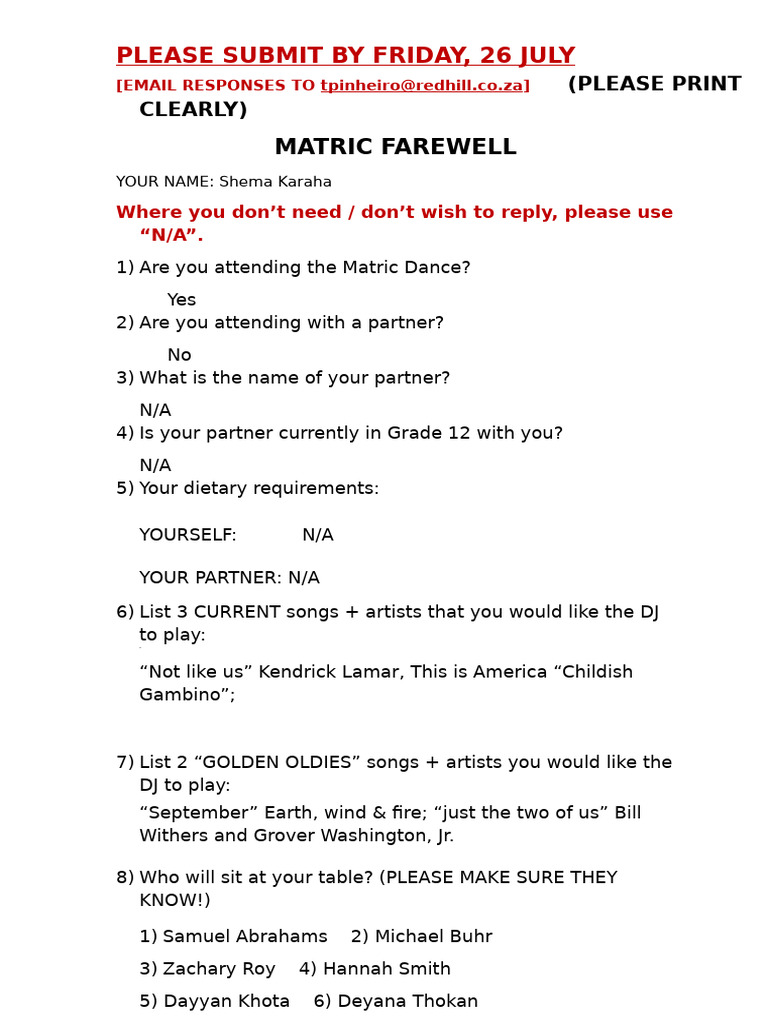 Matric Farewell 2024 - Form For Matrics To Complete | PDF