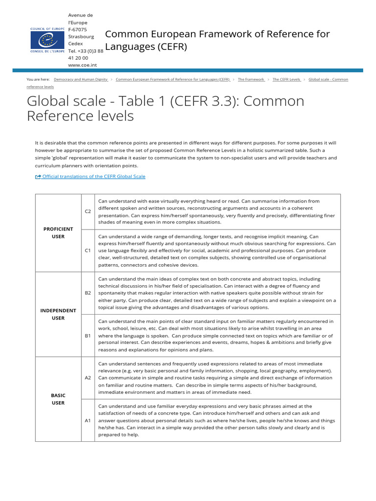 Global Scale - Table 1 (CEFR 3.3) - Common Reference Levels - Common ...