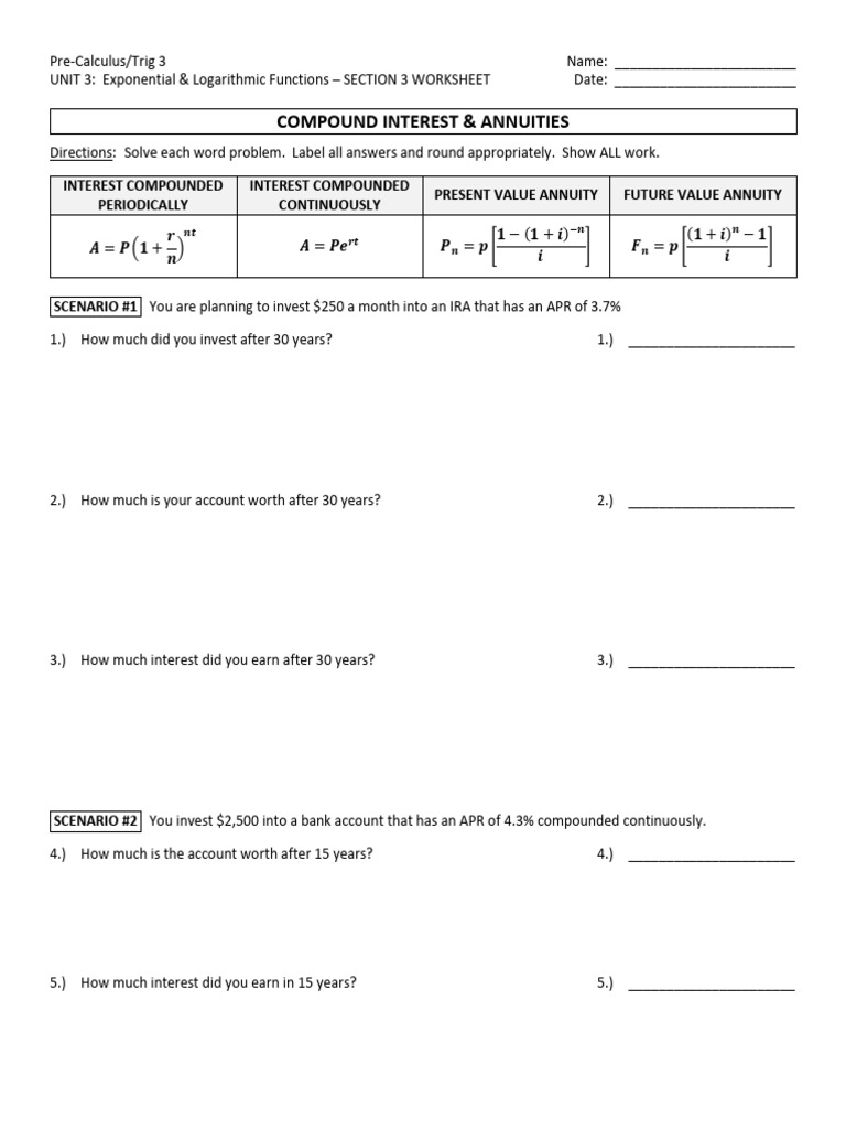 Exponential & Logarithmic Functions Worksheet | PDF | Interest ...