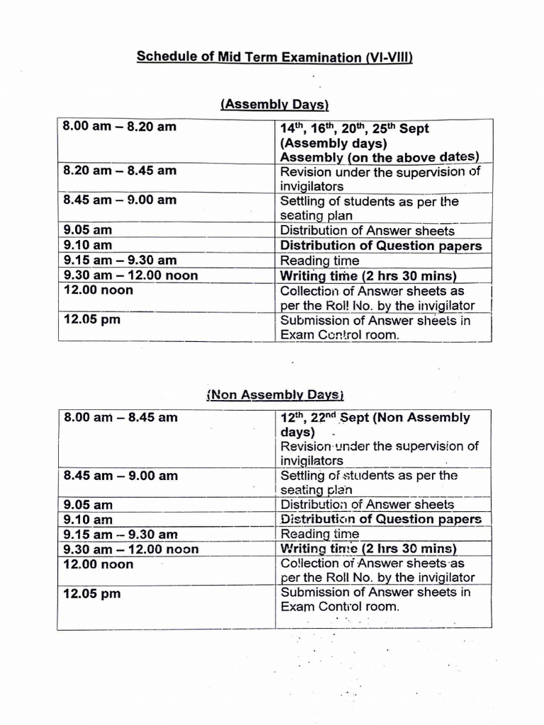 Mid Term Exam Schedule for VI-XII | PDF