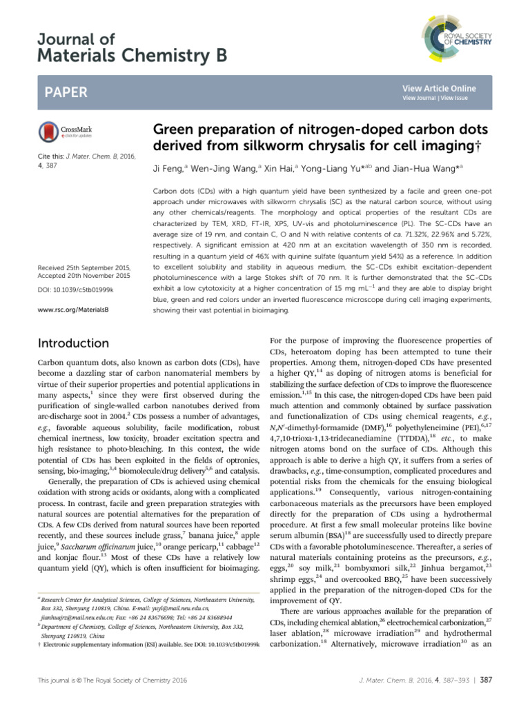 Green Preparation of Nitrogen-Doped Carbon Dots Derived From Silkworm ...