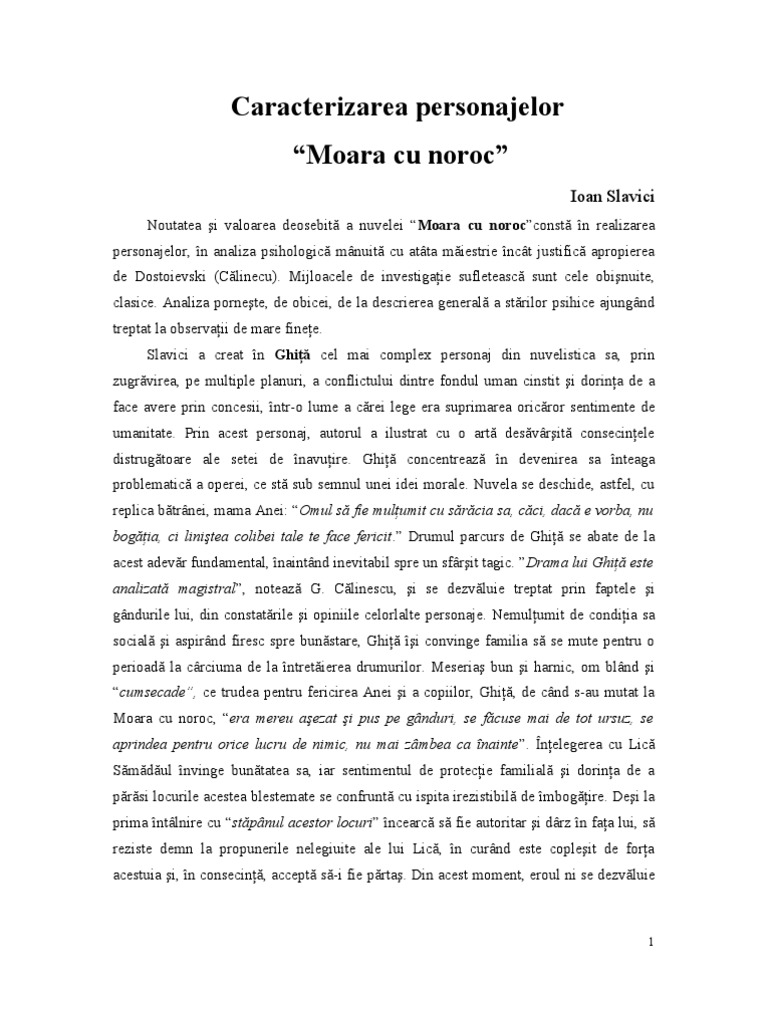 Caracterizare Ana Moara Cu Noroc Caracterizarea Personajelor Moara Cu Noroc | PDF