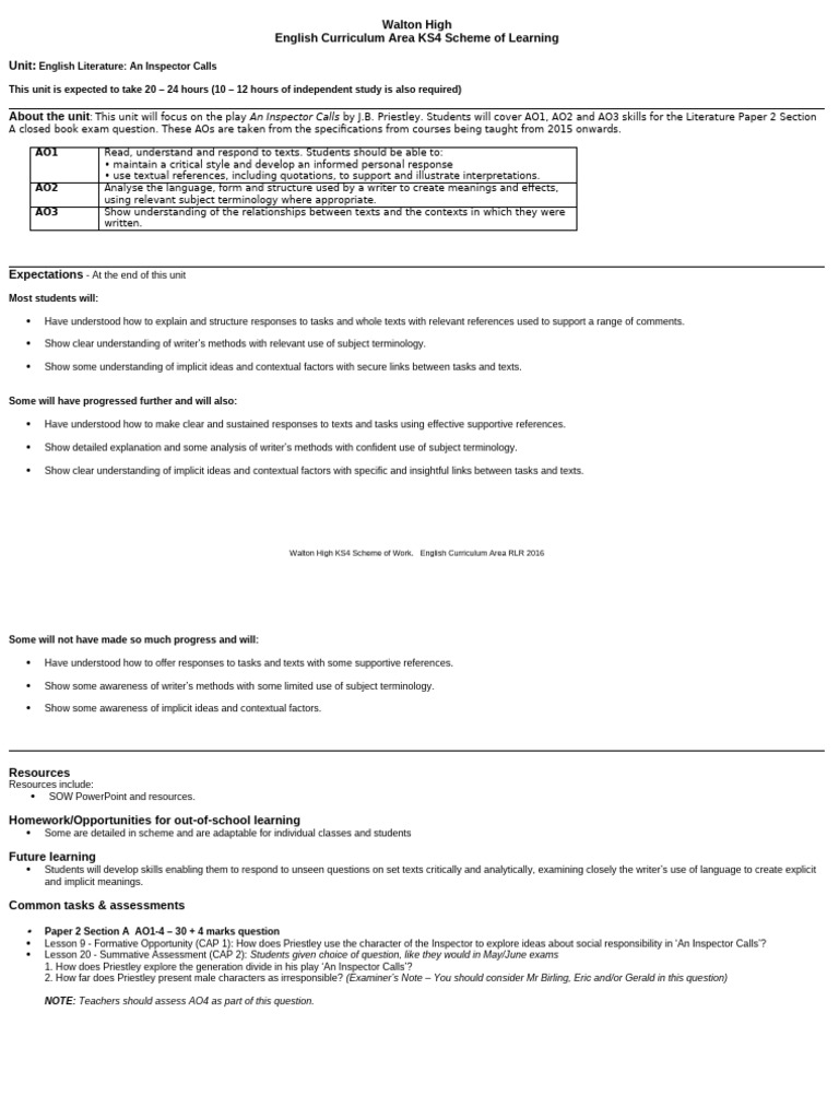 An Inspector Calls: KS4 Learning Unit | PDF | Curriculum | Learning