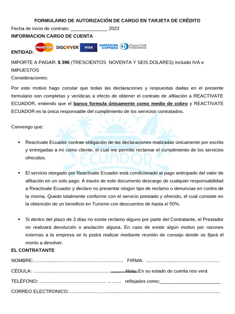 Formulario 396 - Reactivate | PDF | Ecuador | Tarjeta de crédito
