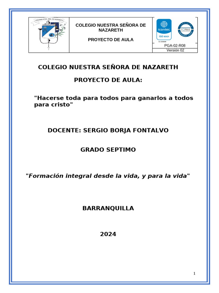 Proyecto de Aula: Valores y Rendimiento 7° | PDF | Salón de clases ...