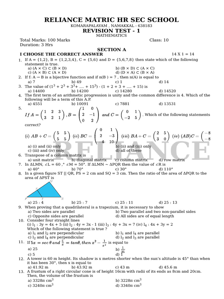 Class 10 Maths Revision Test 1 | PDF | Sphere | Area