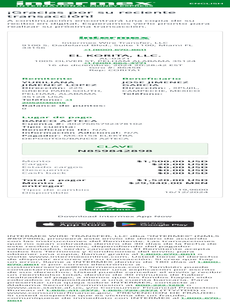 Recibo de Transferencia Intermex 2024 | PDF | Economias | Bancos