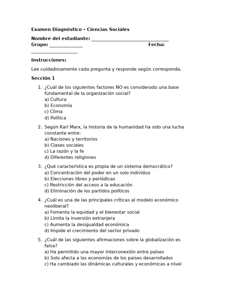Examen Diagnóstico de Ciencias Sociales | PDF | Sociedad | Ciencias ...