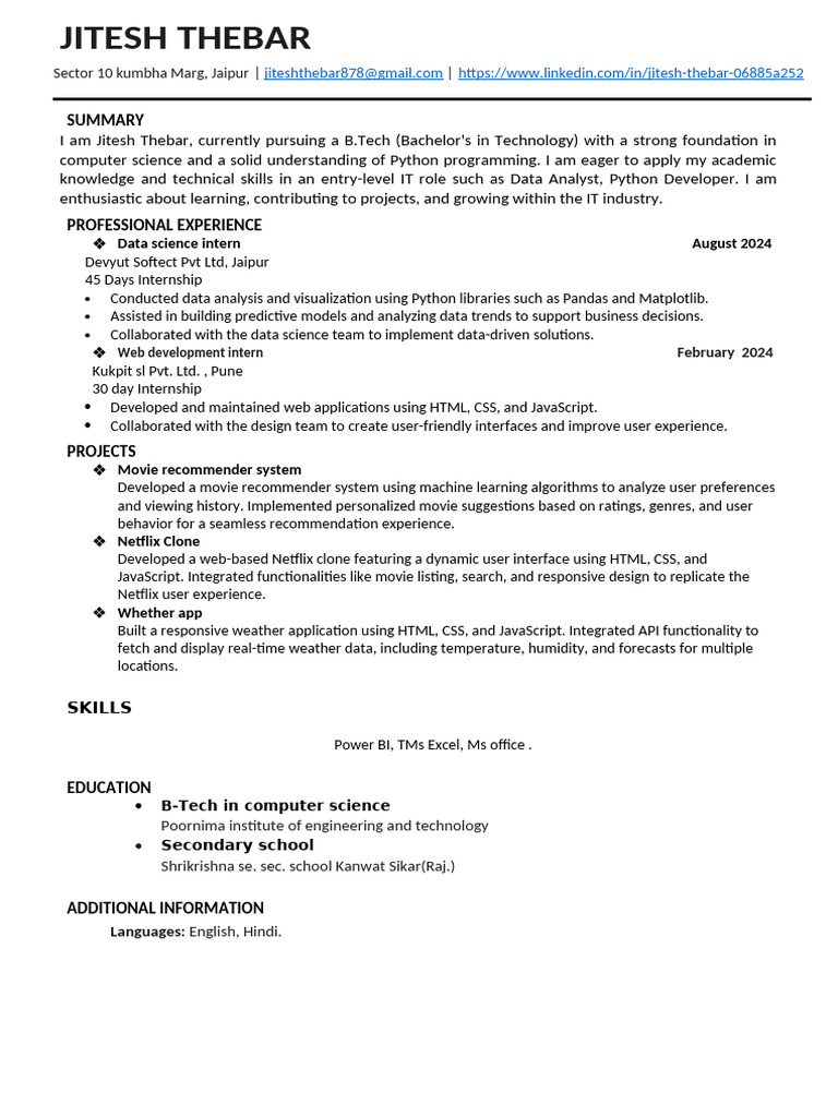 Python Developer Resume of Jitesh Thebar | PDF | Data Science | Python ...