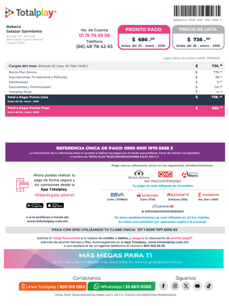 Factura Totalplay Enero 2025 | PDF | Tarjeta de débito | Bancario