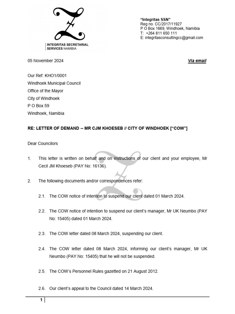 CJM Khoeseb V COW - Letter of Demand - 05 Nov 2024 - Merge 2 | PDF ...