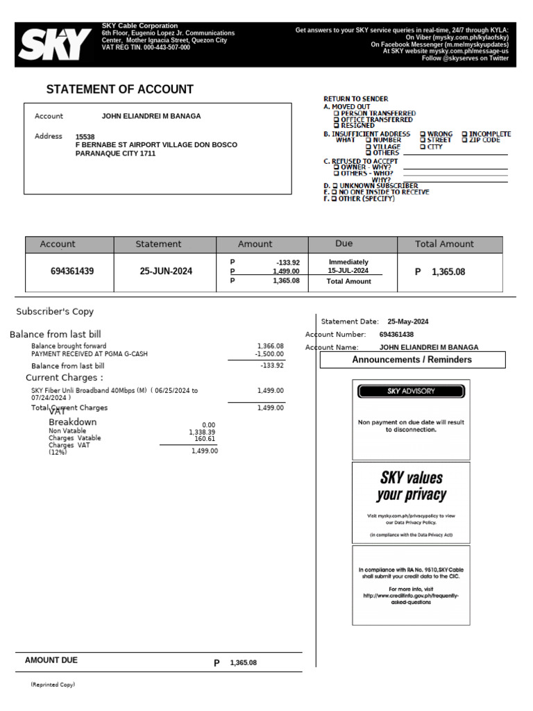 SKY Cable Corporation Statement of Account | PDF | Debit Card | Visa Inc.
