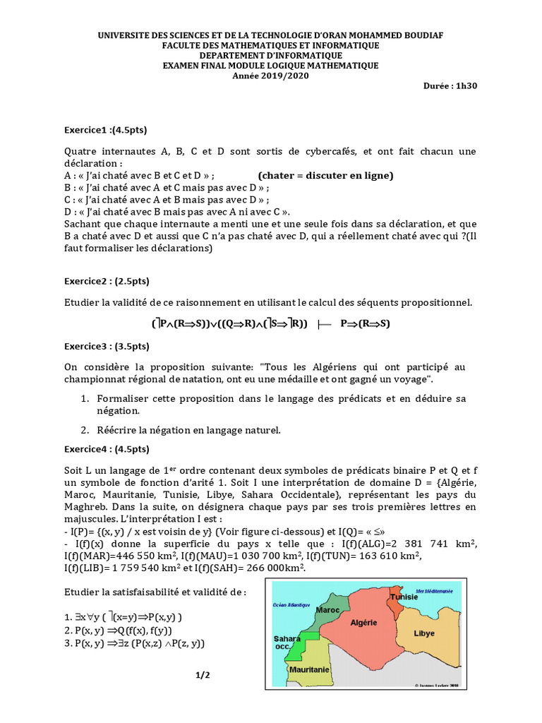 Examen de Logique Mathématique 2019/2020 | PDF | Logique mathématique ...