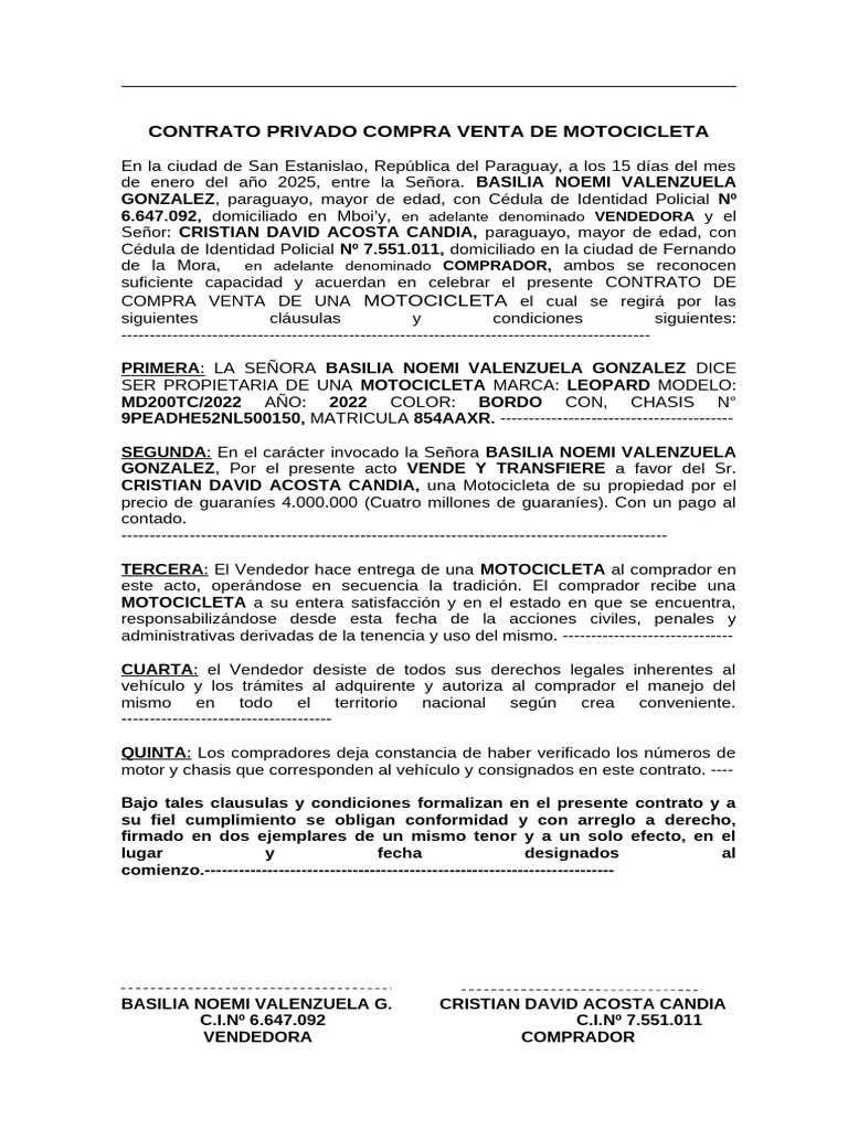 Contrato Privado Compra Venta de Motocicleta | PDF