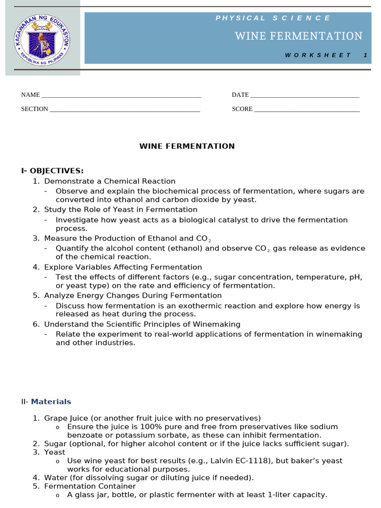 Wine Fermentetion Expirement Stdnts | PDF | Fermentation In Winemaking ...