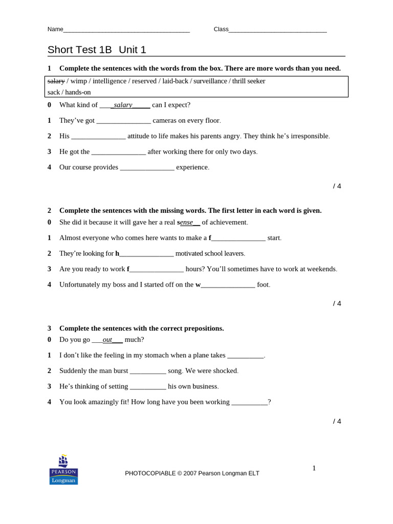 Short Test 1B: Vocabulary & Grammar | PDF | Linguistics | Syntax