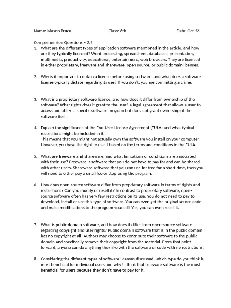 Chapter 2, Lesson 2 Comprehension Questions | PDF | Proprietary ...